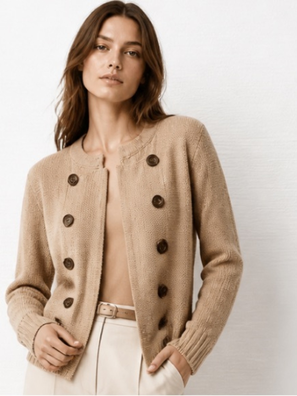 MYSTREE Cardigan Sweater Open Wool Beige Preppy Career Classic Small